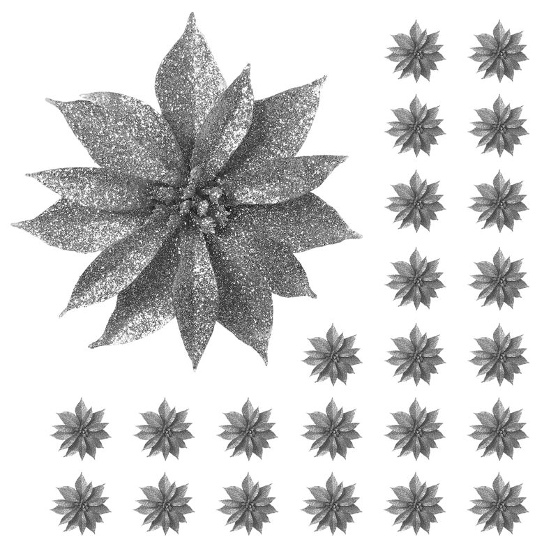 BANBERRY DESIGNS Poinsettia Flower Holiday Ornaments -Set of 24 Silver Glittered Poinsettia Clip-On - Each is 4"" D - Christmas Decorations - Decorative Floral Accessories - Image 1