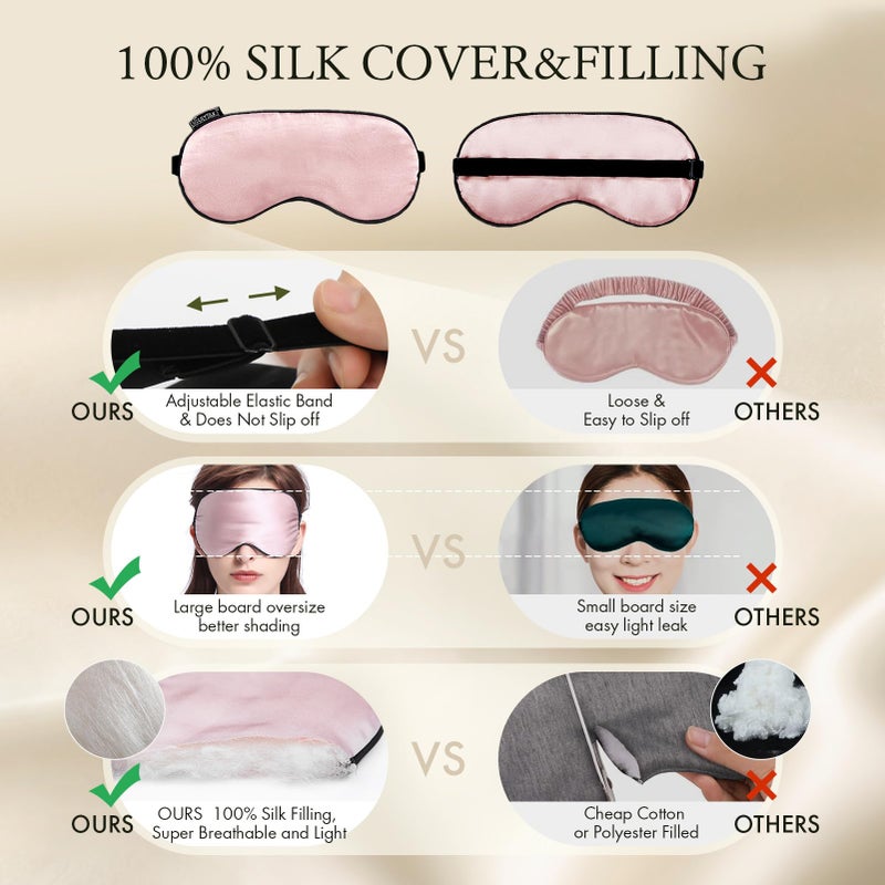 LilySilk قناع النوم من ليلي سيلك 100% حرير - قناع عيون مع حزام مرن 2 عبوة مع سدادات أذن، قناع عين ناعم ومريح للرجال والنساء، قناع للعين للسفر/النوم/العمل بنظام المناوبات، أسود + وردي - Image 5