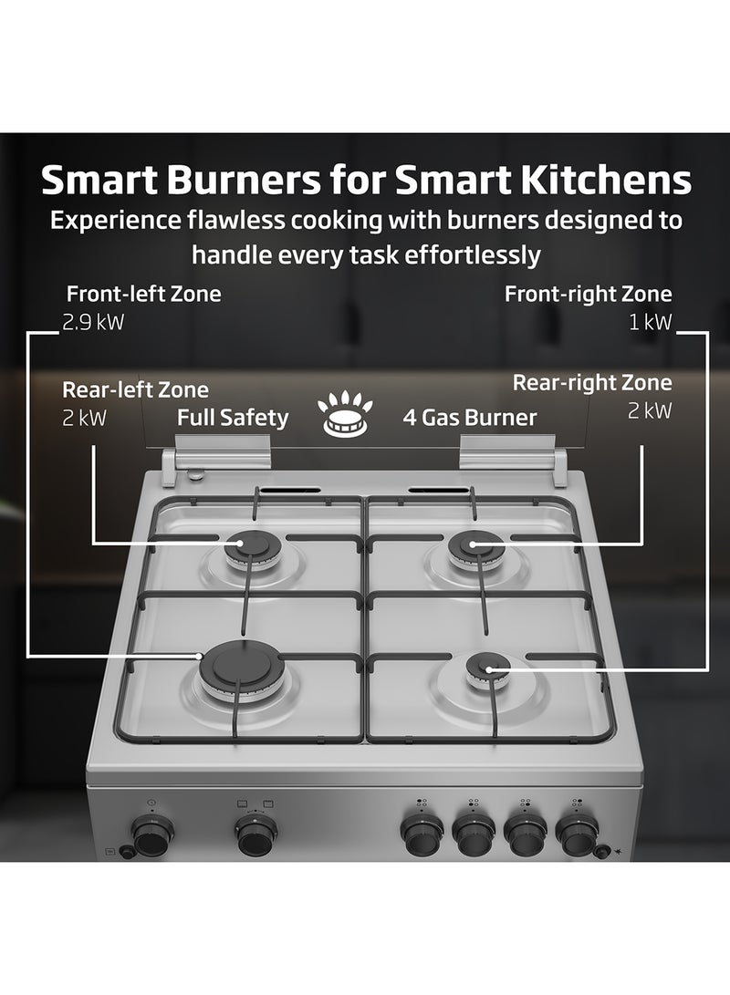 Beko 60x60cm Free Standing Gas Cooker, Full Safety, 4 High Efficiency Gas Burner, Enamel Pan Support, 64 liters Oven Capacity - 4 FBG62110SSL Silver - Image 3