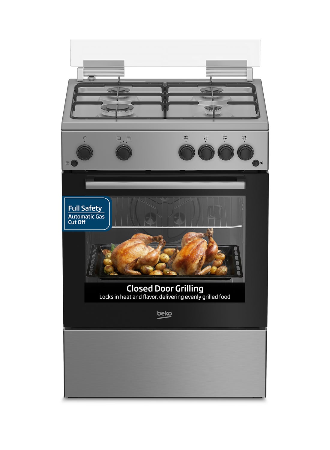 60x60cm Free Standing Gas Cooker, Full Safety, 4 High Efficiency Gas Burner, Enamel Pan Support, 64 liters Oven Capacity - FBG62110SSL Silver