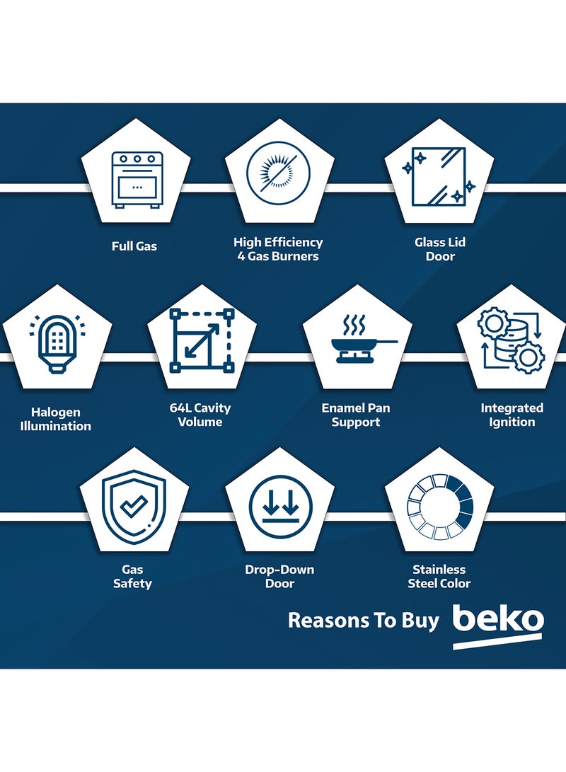 Beko 60x60cm Free Standing Gas Cooker, Full Safety, 4 High Efficiency Gas Burner, Enamel Pan Support, 64 liters Oven Capacity - 4 FBG62110SSL Silver - Image 5