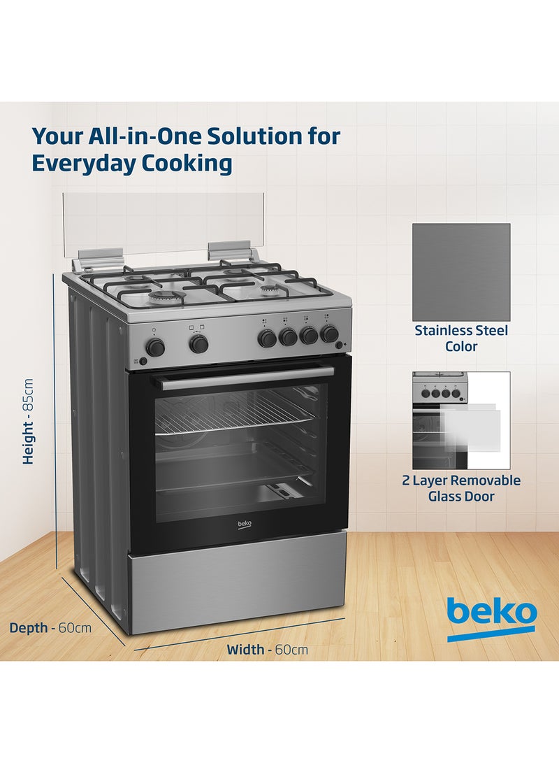 Beko 60x60cm Free Standing Gas Cooker, Full Safety, 4 High Efficiency Gas Burner, Enamel Pan Support, 64 liters Oven Capacity - 4 FBG62110SSL Silver - Image 4