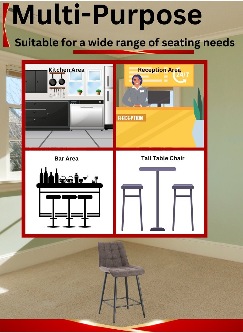 Modern Upholstered Bar Stool with Backrest – High-Density Foam Cushion, Sturdy Metal Legs, and Ergonomic Design – 95cm Total Height, 64cm Seat Height, 47cm Seat Width, 45cm Seat Depth, 57.5cm Leg Spread – Maximum Weight Capacity 150 KG – Ideal for reception table, Kitchen Islands, Breakfast Bars, and Home Dining. Brown (Arfan)