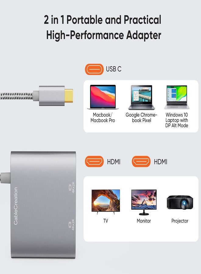 CableCreation USB C to Dual HDMI 4K, USB Type C (Compatible Thunderbolt 3) to 2 HDMI Adapter, Compatible with MacBook Pro 2019/2018/2017,XPS 13/Surface Book 2,Chromebook Pixel, Yoga 710, Aluminum Gray - Image 5