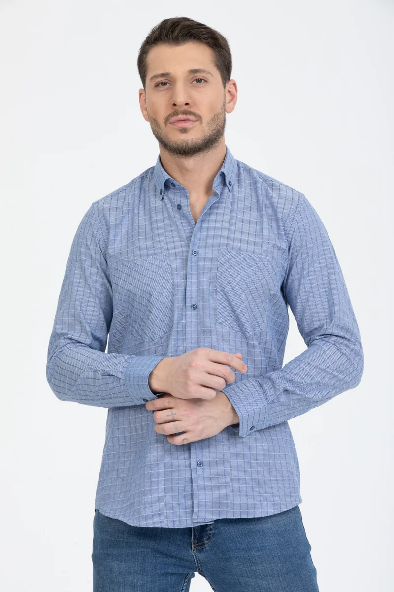 فاريتا Men's King Blue Double Pocket Classic Cut Checked Long Sleeve Shirt
