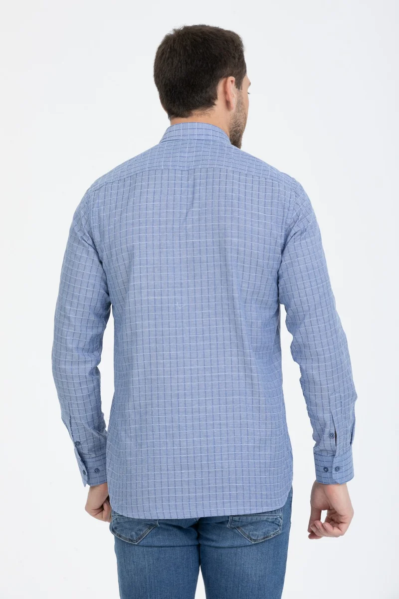 فاريتا Men's King Blue Double Pocket Classic Cut Checked Long Sleeve Shirt