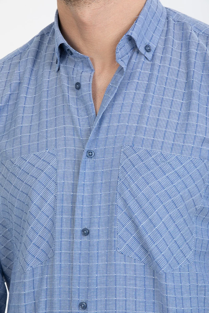 فاريتا Men's King Blue Double Pocket Classic Cut Checked Long Sleeve Shirt