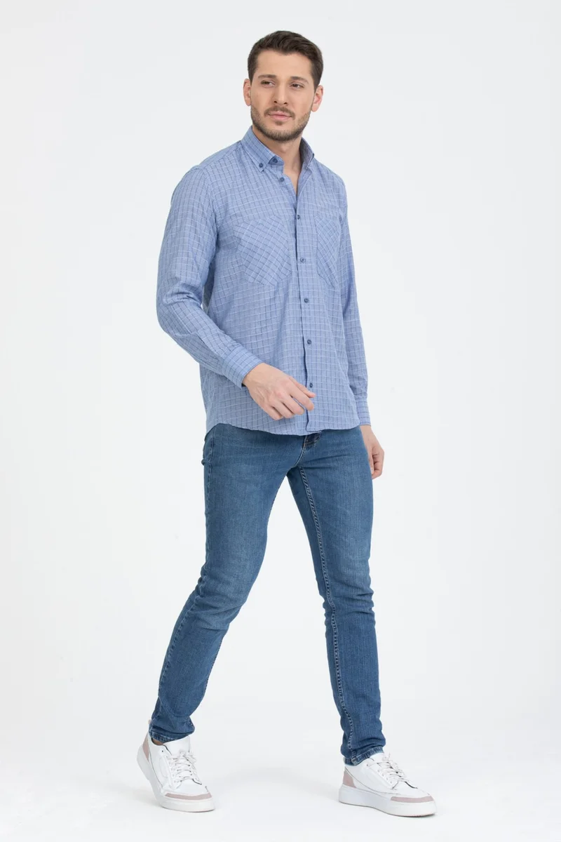 فاريتا Men's King Blue Double Pocket Classic Cut Checked Long Sleeve Shirt