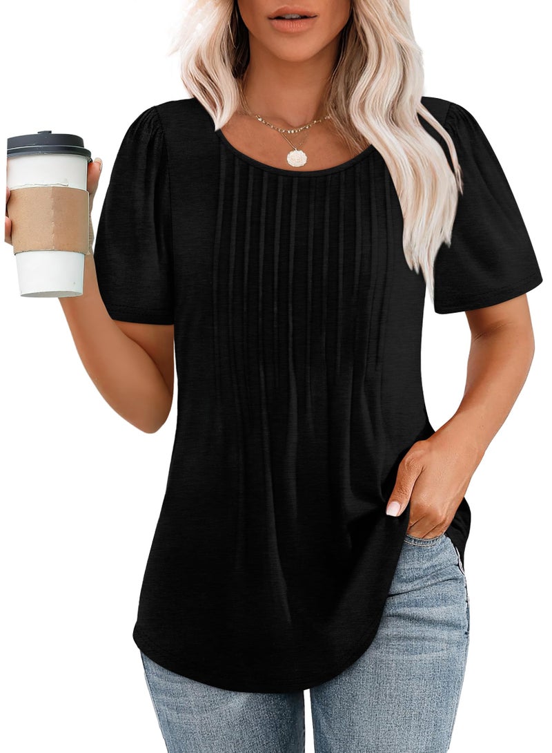 OFEEFAN T Shirts for Women Loose Fit Pleating Short Sleeve Casual Summer Tops Black Beach Vacation Clothes for Women XL - Image 1