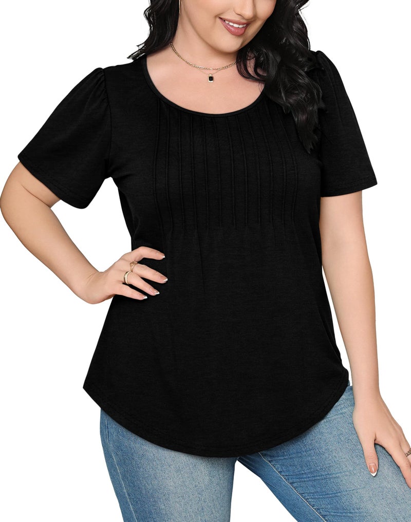 OFEEFAN T Shirts for Women Loose Fit Pleating Short Sleeve Casual Summer Tops Black Beach Vacation Clothes for Women XL - Image 4