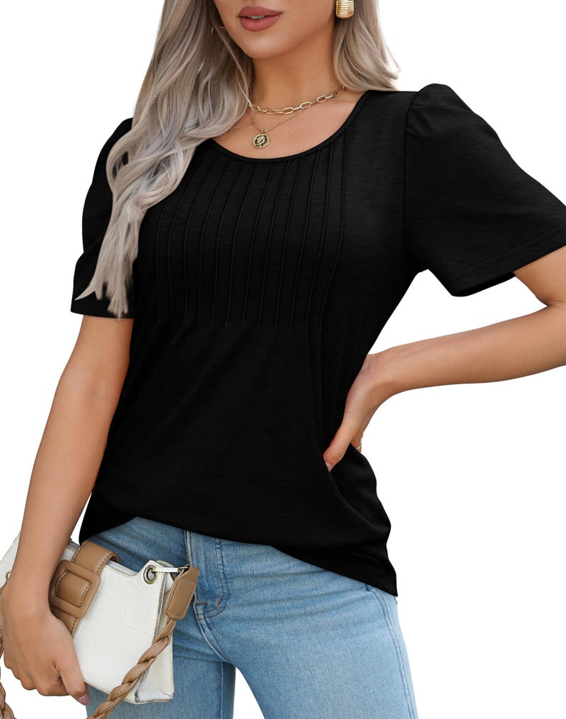 OFEEFAN T Shirts for Women Loose Fit Pleating Short Sleeve Casual Summer Tops Black Beach Vacation Clothes for Women XL - Image 3