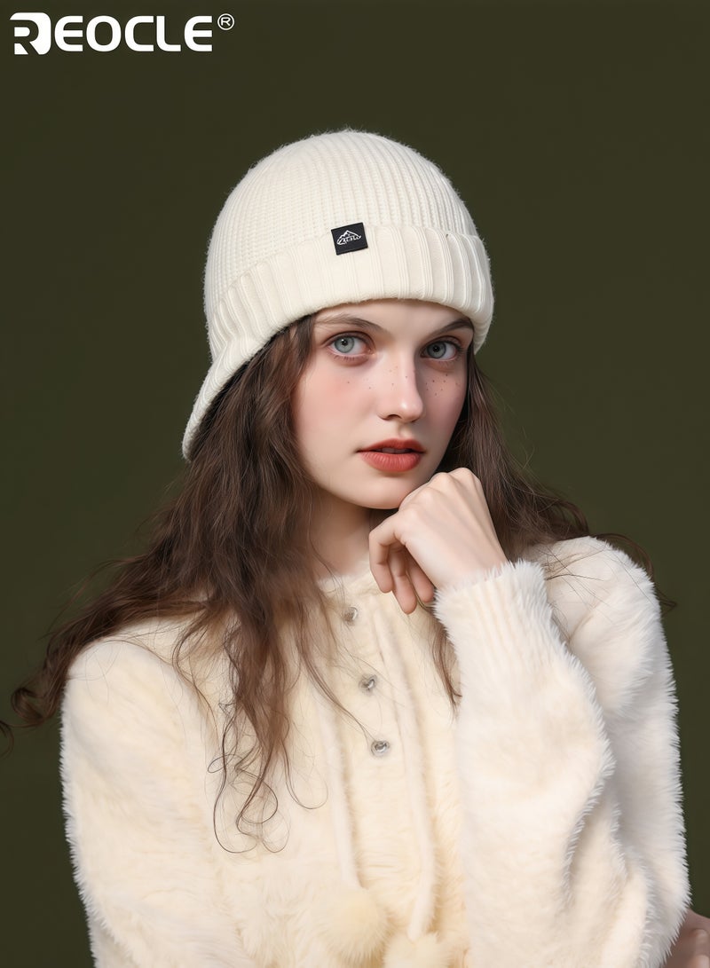 REOCLE Women's Knit Beanie with Plush Texture and Peak Visor Design Trendy Winter Cap with Windproof Warmth for Fashion Cold Weather - Image 5