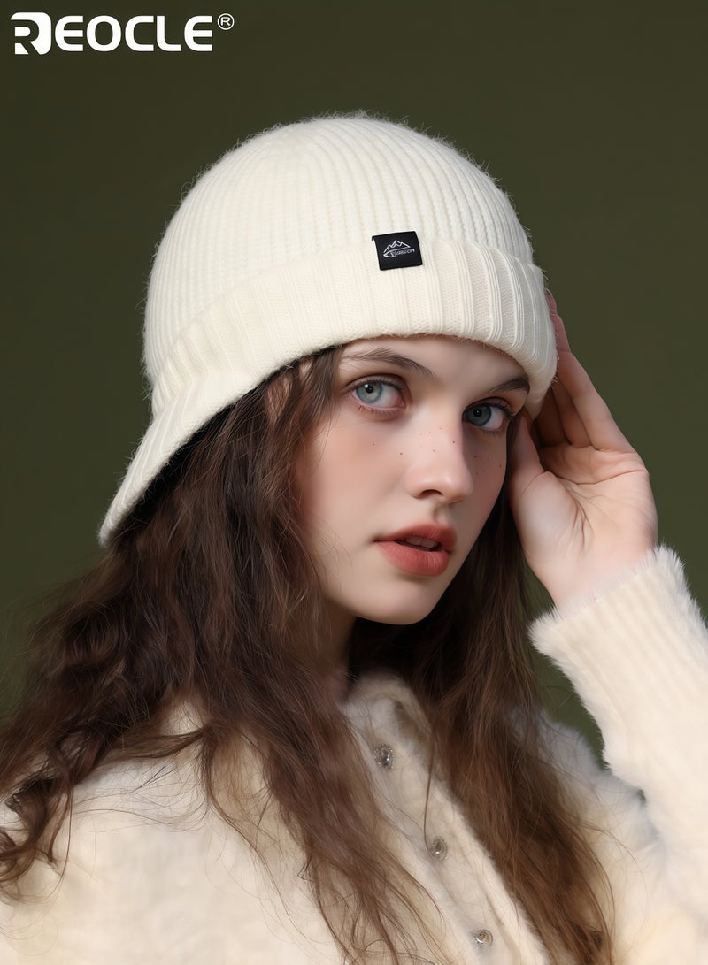 REOCLE Women's Knit Beanie with Plush Texture and Peak Visor Design Trendy Winter Cap with Windproof Warmth for Fashion Cold Weather - Image 1