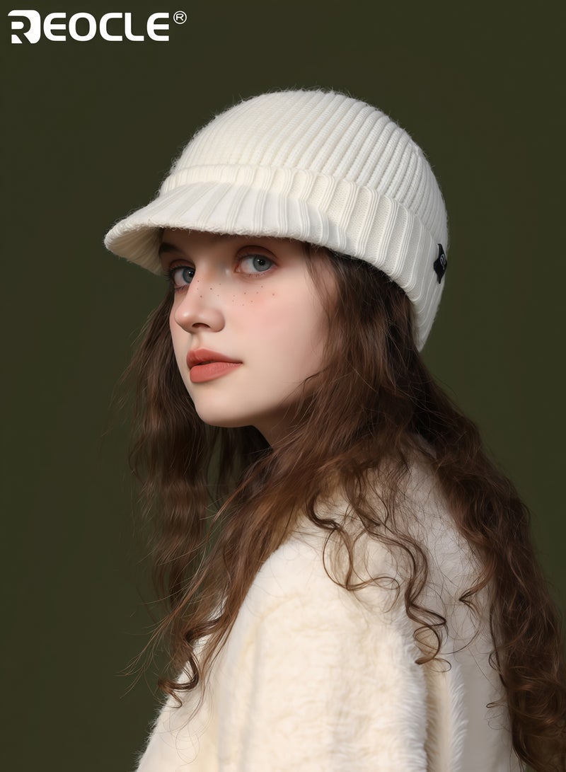 REOCLE Women's Knit Beanie with Plush Texture and Peak Visor Design Trendy Winter Cap with Windproof Warmth for Fashion Cold Weather - Image 2