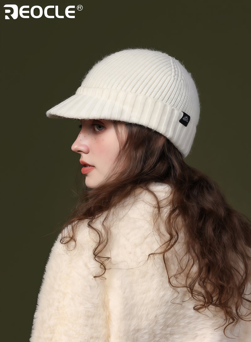 REOCLE Women's Knit Beanie with Plush Texture and Peak Visor Design Trendy Winter Cap with Windproof Warmth for Fashion Cold Weather - Image 3