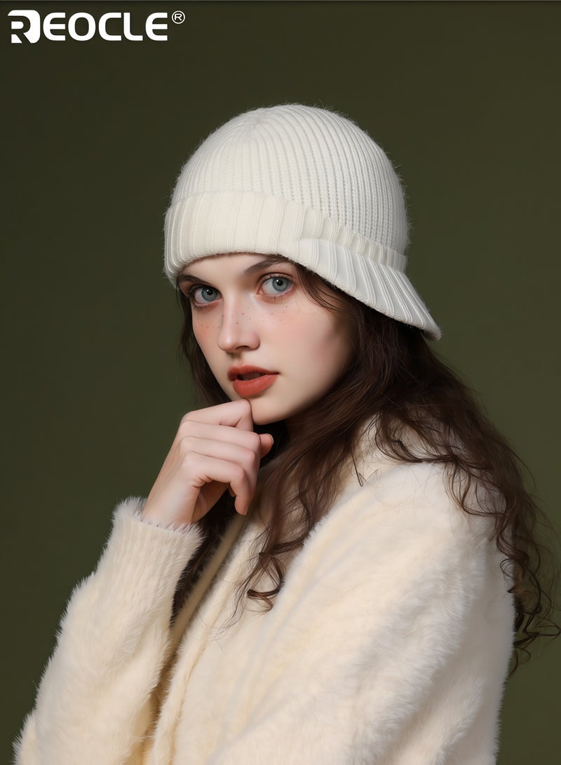 REOCLE Women's Knit Beanie with Plush Texture and Peak Visor Design Trendy Winter Cap with Windproof Warmth for Fashion Cold Weather - Image 4