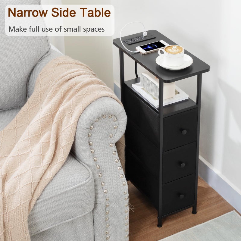 LOAKEKEL Narrow End Tables Living Room Set of 2 with Charging Station, Skinny Side Table with Fabric Drawers, Slim Nightstand for Bedroom, Small Spaces, Couch, Black, HETNDP03BK - Image 2