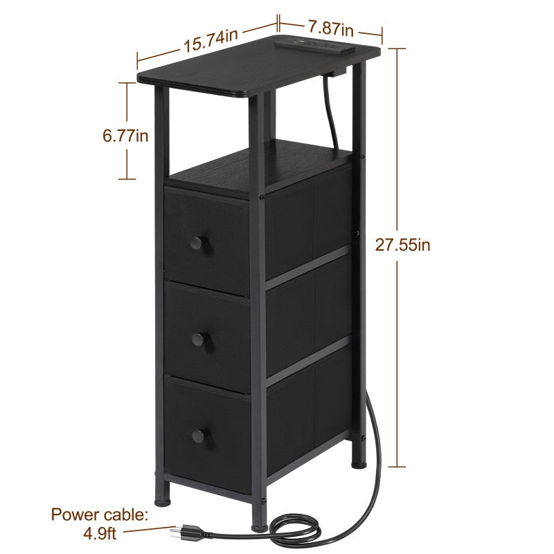 LOAKEKEL Narrow End Tables Living Room Set of 2 with Charging Station, Skinny Side Table with Fabric Drawers, Slim Nightstand for Bedroom, Small Spaces, Couch, Black, HETNDP03BK - Image 5