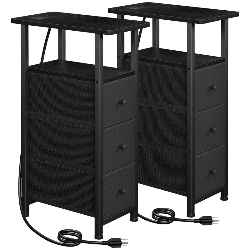 LOAKEKEL Narrow End Tables Living Room Set of 2 with Charging Station, Skinny Side Table with Fabric Drawers, Slim Nightstand for Bedroom, Small Spaces, Couch, Black, HETNDP03BK - Image 1