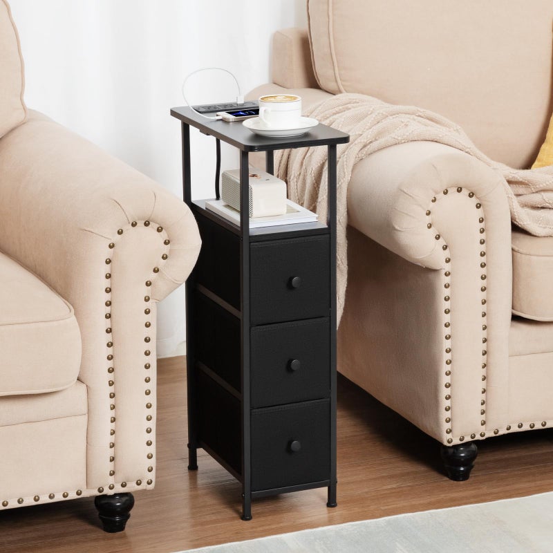 LOAKEKEL Narrow End Tables Living Room Set of 2 with Charging Station, Skinny Side Table with Fabric Drawers, Slim Nightstand for Bedroom, Small Spaces, Couch, Black, HETNDP03BK - Image 4
