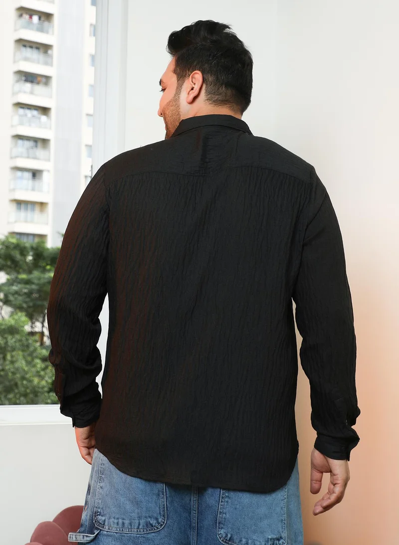 Instafab Plus Instafab Plus Men's Onyx Black Solid Creased-Tactile Shirt | Spread Collar , Long Cuffed Sleeves , Button Closure , Curved Hemline | Solid Creased Polyester Blend Material For Street & Casual Wear