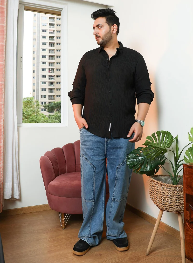 Instafab Plus Instafab Plus Men's Onyx Black Solid Creased-Tactile Shirt | Spread Collar , Long Cuffed Sleeves , Button Closure , Curved Hemline | Solid Creased Polyester Blend Material For Street & Casual Wear