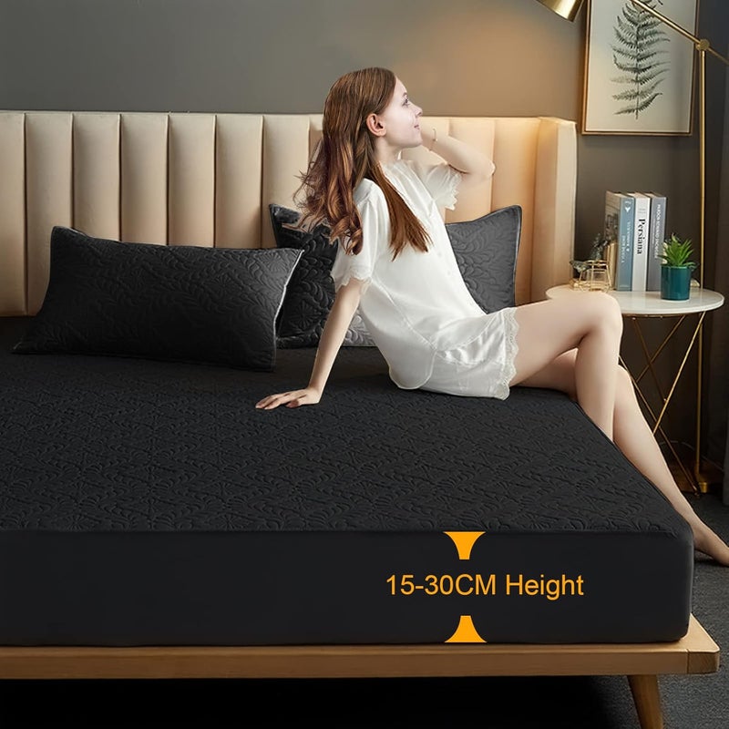Sufdari Waterproof Mattress Protector 90 x 200 cm Fitted Sheet Luxury, 3D Pattern, Super Absorbent, Breathable Mattress Cover, Waterproof Mattress Protection, Moisture Protection, Fitted Sheets - Black - Image 2