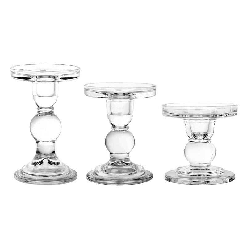 BTGLLAS 3-Piece Set of Glass Candlestick, Crystal Candlestick Holder Holder and Conical Candle, Christmas Candle Holder Decoration, Family Living Room Wedding Candle Holder (Clear) - Image 1