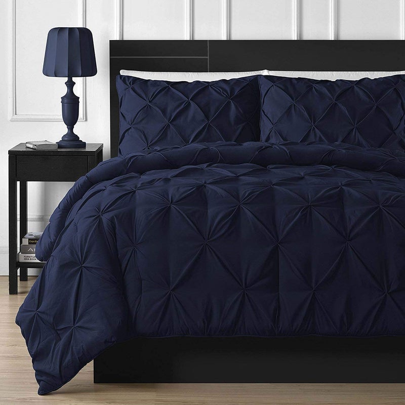 Crown Collection Luxuriate Hotel 1000-TC Hypoallergenic Ultra Soft Design 100% Egyptian Cotton Pinch Plated Duvet Cover with Zipper Colser & 2pcs Pillow Case Set (Super King Plus 120X120) Navy Blue - Image 1
