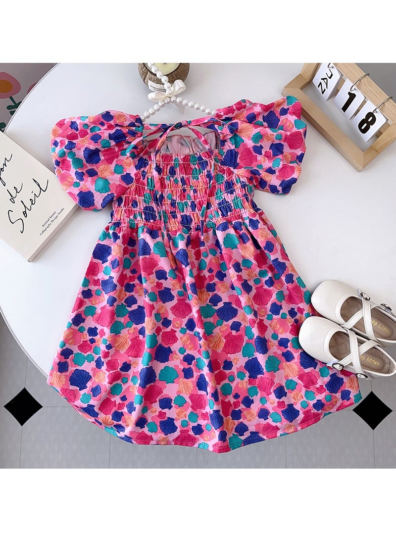 3Y Baby Girl Toddler Girl Summer Dress, Colorful Floral Puff Sleeve Dress with Smocked Bodice and Criss-Cross Back Ties, Ideal for Birthday, Vacation, Photoshoot - Image 2