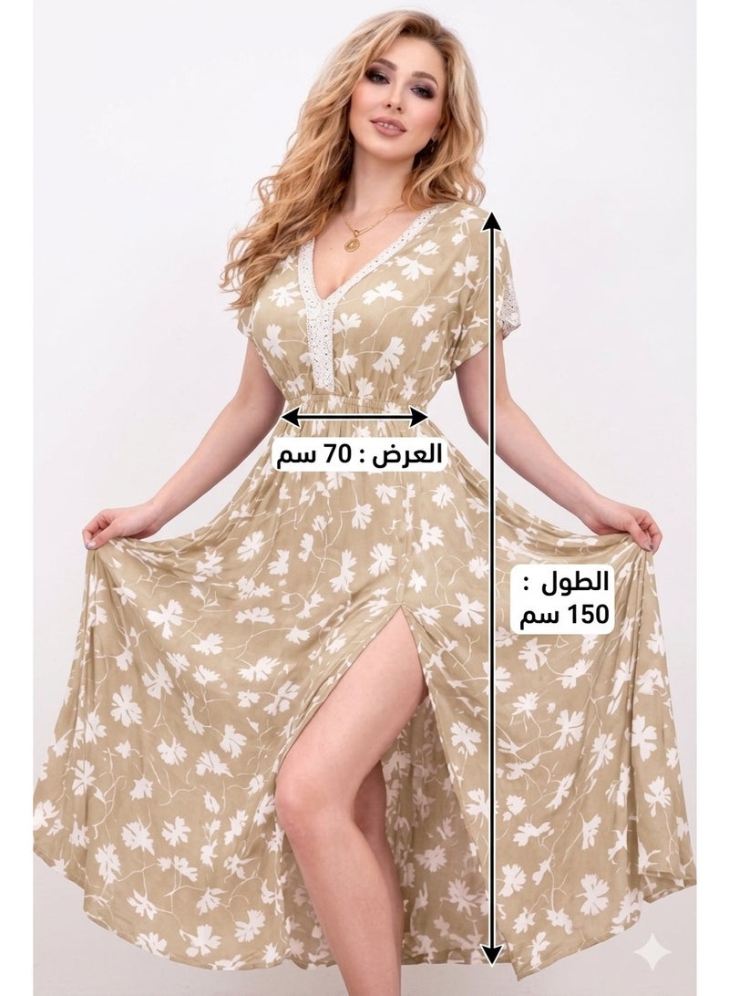فستان نسائي طويل بطبعة زهور وياقة على شكل V مع دانتيل وأكمام قصيرة، فستان صيفي واسع وانسيابي، فستان كاجوال أنيق بفتحة جانبية وخصر مطاطي من قماش ليكرا بتر ناعم حتى 75 كجم - Image 2