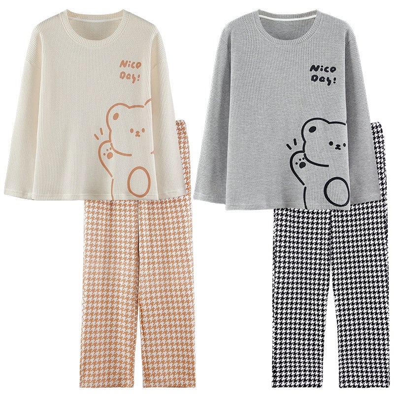 Factory 2023 Couple Pajamas Long Sleeve Breathable Cotton Men And Women Waffle Homewear - Image 2