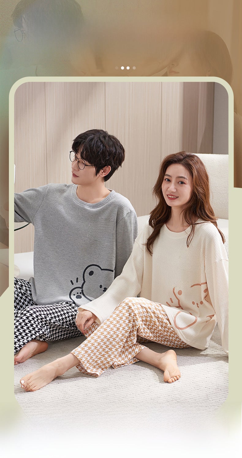 Factory 2023 Couple Pajamas Long Sleeve Breathable Cotton Men And Women Waffle Homewear - Image 3