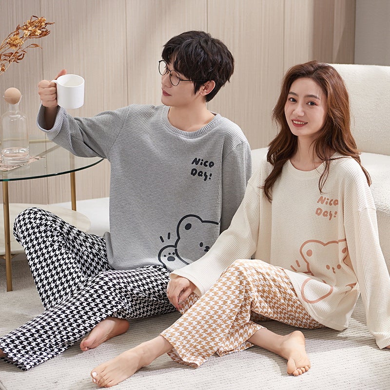 Factory 2023 Couple Pajamas Long Sleeve Breathable Cotton Men And Women Waffle Homewear - Image 1
