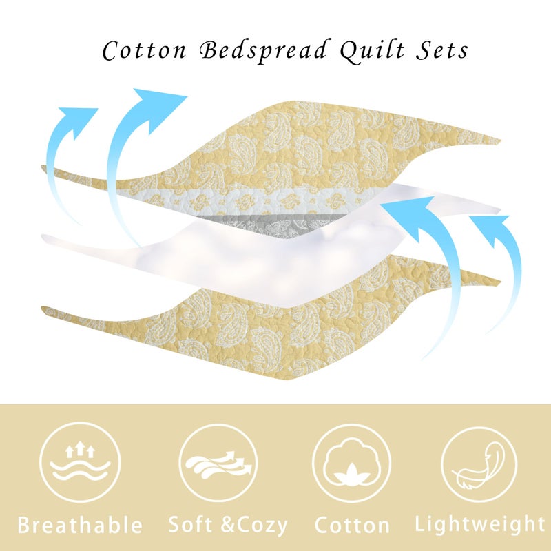 AJOCCI Yellow Quilts Queen Size, Cotton Bed Set, Yellow Grey White Comforter, Striped Bedding Queen Size, Lightweight Luxury Bedspread,3 Piece - Image 4