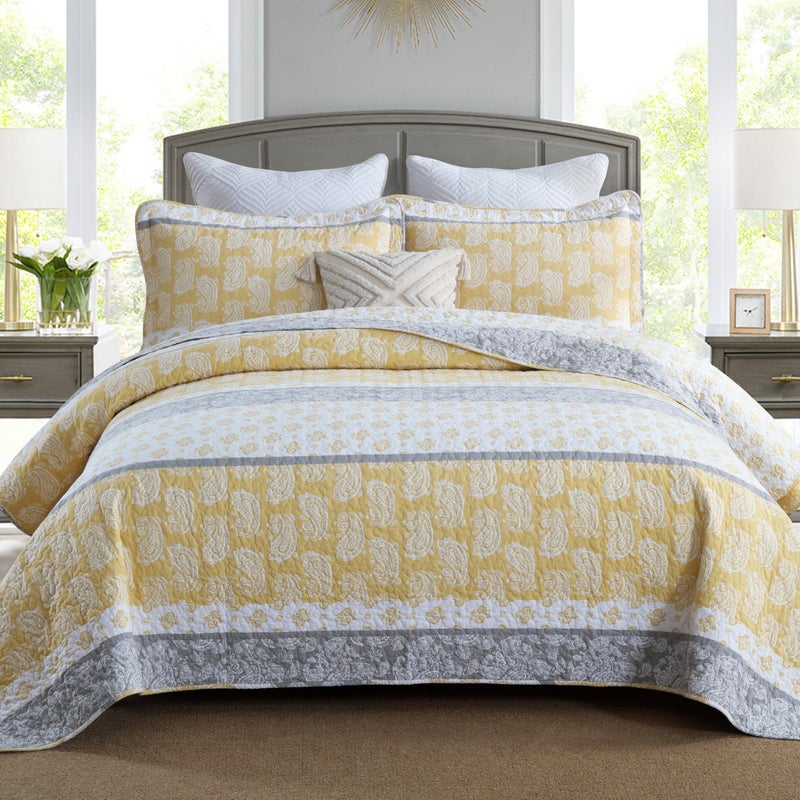 AJOCCI Yellow Quilts Queen Size, Cotton Bed Set, Yellow Grey White Comforter, Striped Bedding Queen Size, Lightweight Luxury Bedspread,3 Piece - Image 1