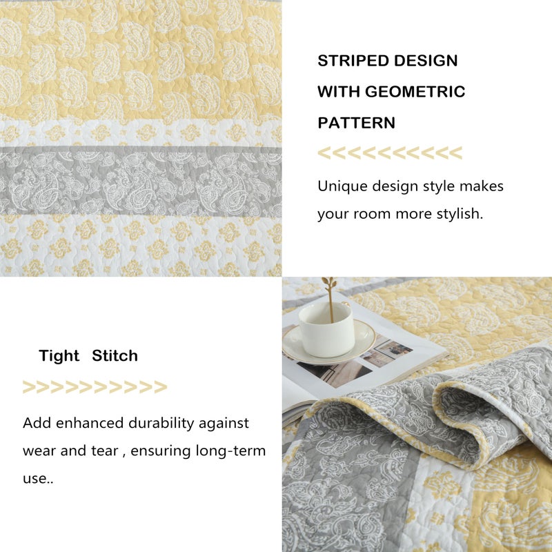 AJOCCI Yellow Quilts Queen Size, Cotton Bed Set, Yellow Grey White Comforter, Striped Bedding Queen Size, Lightweight Luxury Bedspread,3 Piece - Image 5