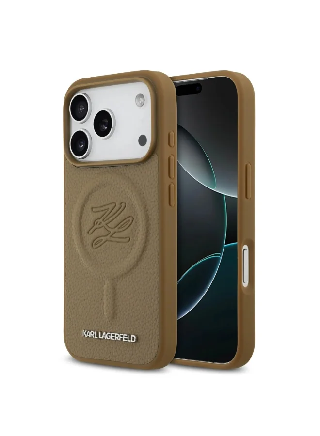 Karl Lagerfeld iPhone 17 Pro MagSafe Case / PU Leather Back Cover With Initial Deboosed Logo / Brown