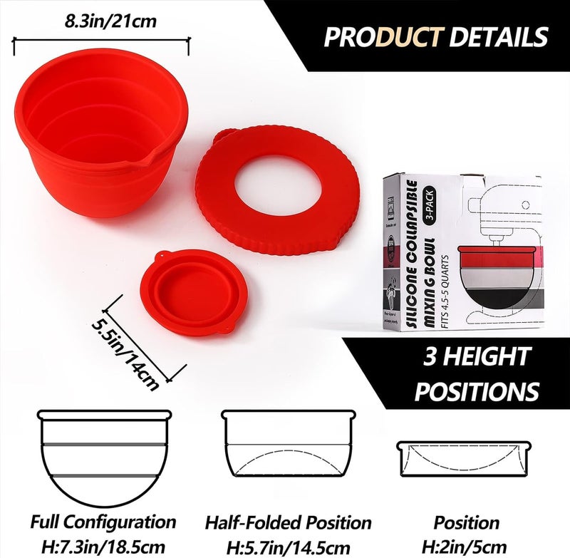 SOOPLEU For KitchenAid Silicone Bowl Insert, Silicone Bowl Liners for KitchenAid 5 Qt Tilt-Head Mixers, for KitchenAid Mixer Attachments, 3pcs Foldable Space-Saving Silicone Mixing Bowl Liners - Image 4