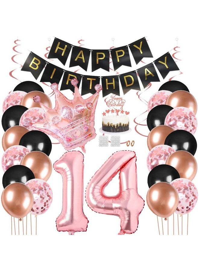 Juland 14th Birthday Party Decorations Black Gold Rose Happy Birthday Banner Latex Balloon Confetti Balloon Pink Crown 14 Number Foil Balloon Hanging Swirl with Cake Topper for Boy Girl Men Women - Image 1