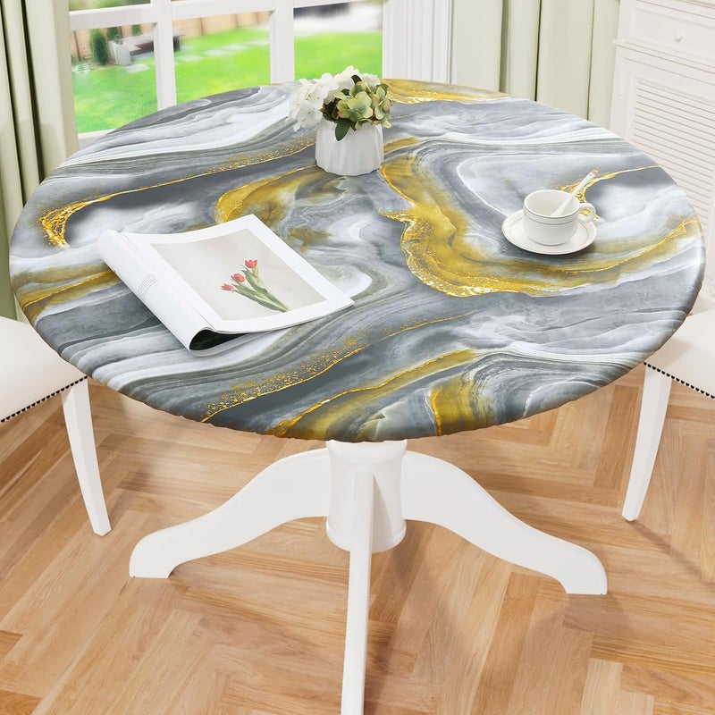 misaya Round Fitted Tablecloth with Elastic Edge 100 Waterproof Oil Proof Plastic Table Cover Vinyl Flannel Backed Table Cloth Fits 3644 Round Tables for Dinner Picnic Grey Gold Marble - Image 1