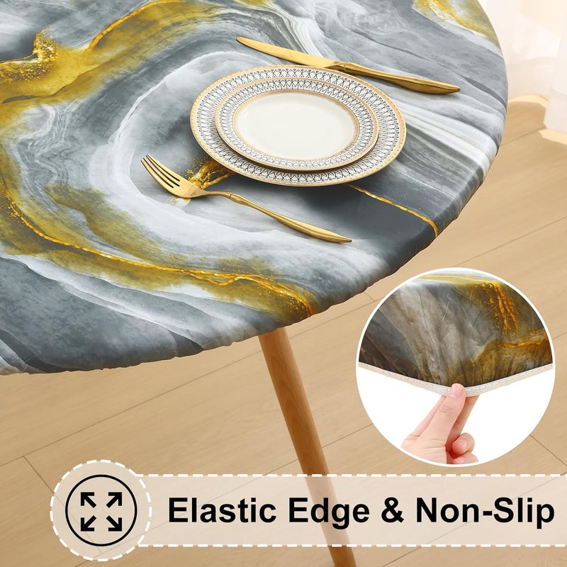 misaya Round Fitted Tablecloth with Elastic Edge 100 Waterproof Oil Proof Plastic Table Cover Vinyl Flannel Backed Table Cloth Fits 3644 Round Tables for Dinner Picnic Grey Gold Marble - Image 2