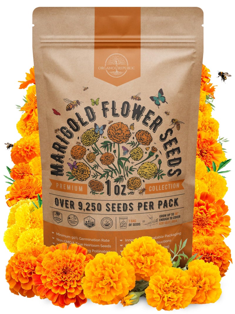Organo Republic Marigold Seeds Pack 1 oz - Over 9,250 Non-GMO Heirloom Marigold Seeds for Planting Indoor & Outdoor Gardening, Flower Seed for Planting Home and Garden, Flowers Seed in Individual Packet - Image 1