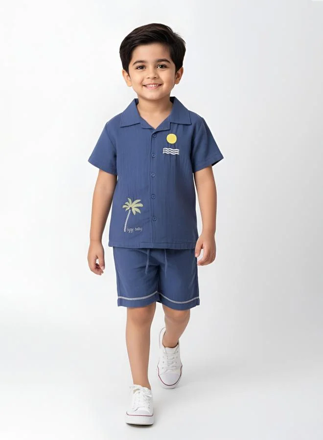 Bella Moda Boys Blue Embroidered Short Sleeves Shirt And Shorts Set