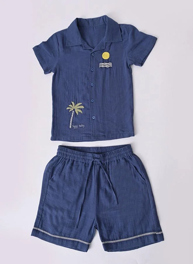 Bella Moda Boys Blue Embroidered Short Sleeves Shirt And Shorts Set