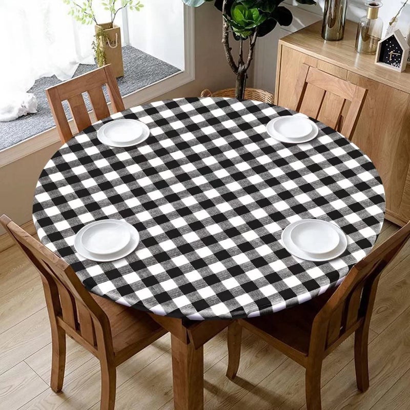 Fitable Fitable Vinyl Fitted Tablecloth Round Black and White  Waterproof Checkered Elastic Tablecloth Flannel Backed Gingham Table Cover for Outdoor Picnic Dining Fit for 3644 Round Tables 