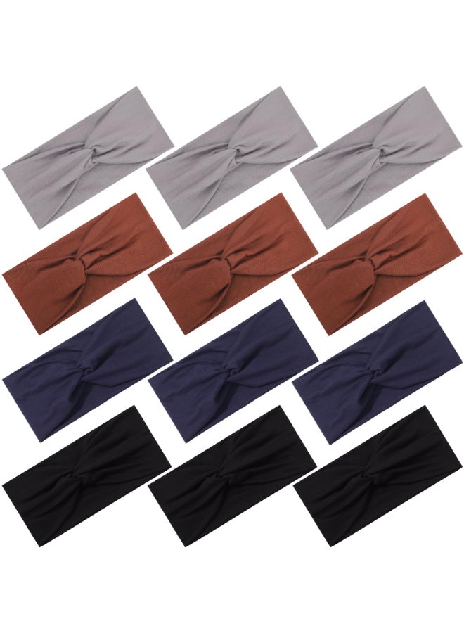 Panleding 12 Pcs Stretchy Headbands for Women Absorbed Sport Headband Soft Twist Knotted Hairbands for Daily Life Yoga WorkoutBlackDark blueBrownGrey - Image 2