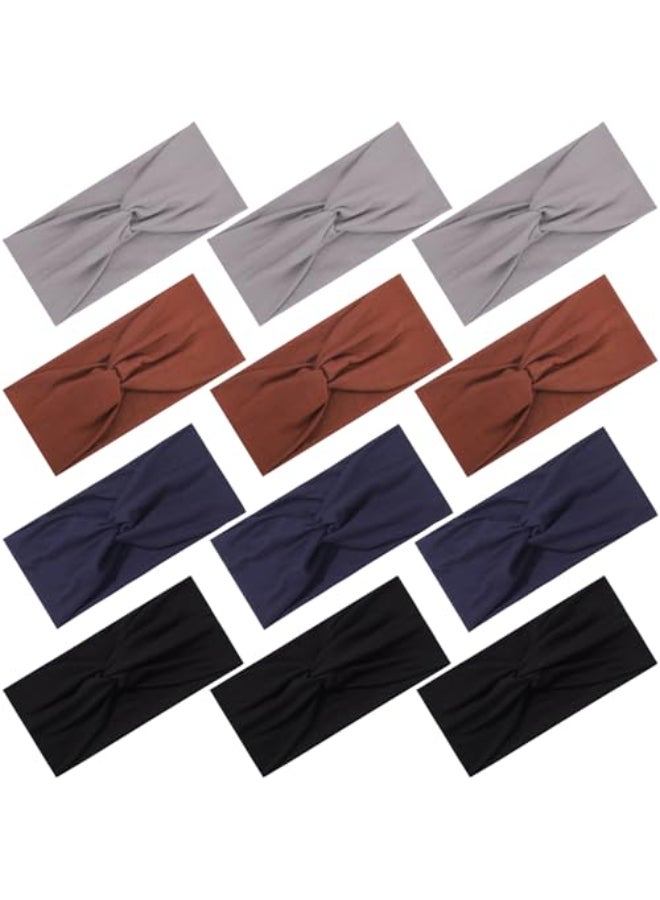 Panleding 12 Pcs Stretchy Headbands for Women Absorbed Sport Headband Soft Twist Knotted Hairbands for Daily Life Yoga WorkoutBlackDark blueBrownGrey - Image 1