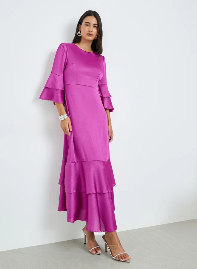 Purple Flute Sleeves A-Line Maxi Dress