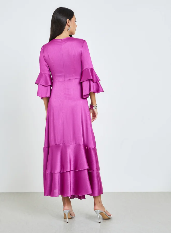 Styli  Purple Flute Sleeves A-Line Maxi Dress for Women | Best Price UAE